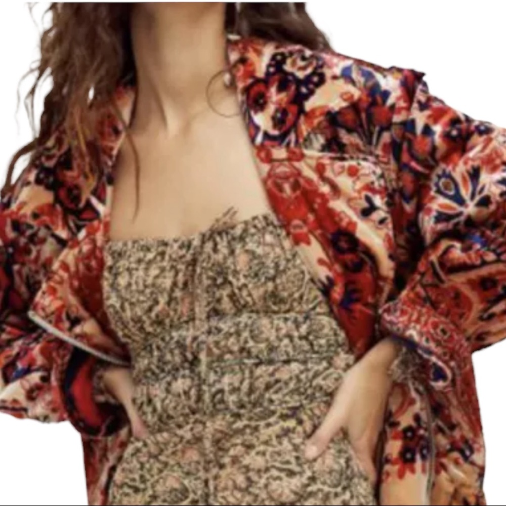 Free People Bailey Velvet Moto Sm Blue Red Floral Jacket Coat - Picture 3 of 7